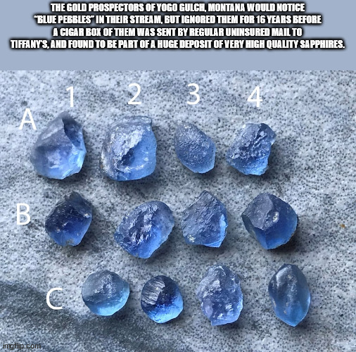 cobalt blue - The Gold Prospectors Of Yogo Gulch, Montana Would Notice Blue Pebbles In Their Stream, But Ignored Them For 16 Years Before A Cigar Box Of Them Was Sent By Regular Uninsured Mail To Tiffanys, And Found To Be Part Of A Huge Deposit Of Very Hi