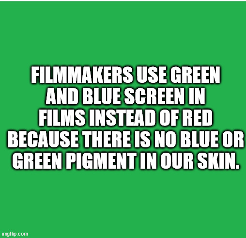 foul bachelor frog - Filmmakers Use Green And Blue Screen In Films Instead Of Red Because There Is No Blue Or Green Pigment In Our Skin. imgflip.com