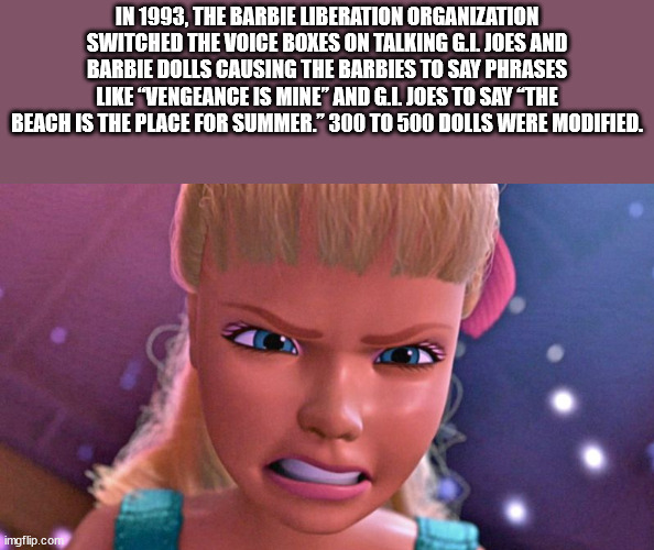 toystory meme - In 1993, The Barbie Liberation Organization Switched The Voice Boxes On Talking G.L Joes And Barbie Dolls Causing The Barbies To Say Phrases "Vengeance Is Mine" And G.L. Joes To Say The Beach Is The Place For Summer." 300 To 500 Dolls Were