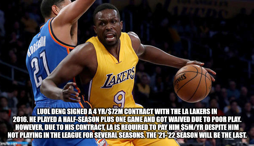 basketball player - Kopit 21 Akers S Luol Deng Signed A 4 Yr$72M Contract With The La Lakers In 2016. He Played A HalfSeason Plus One Game And Got Waived Due To Poor Play. However, Due To His Contract, La Is Required To Pay Him $5MYr Despite Him Not Playi