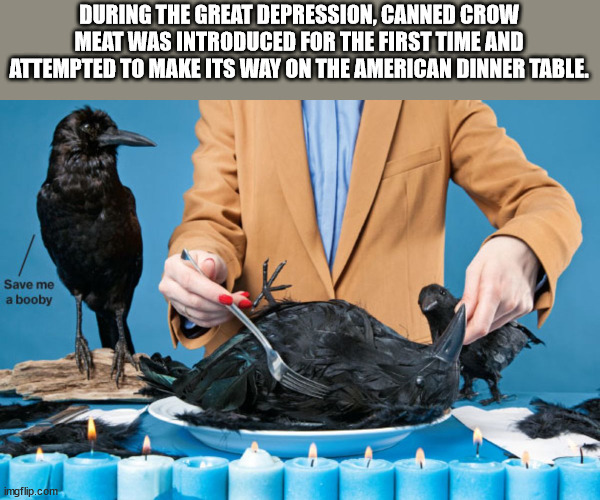 cooking crow - During The Great Depression, Canned Crow Meat Was Introduced For The First Time And Attempted To Make Its Way On The American Dinner Table. Save me a booby imgflip.com