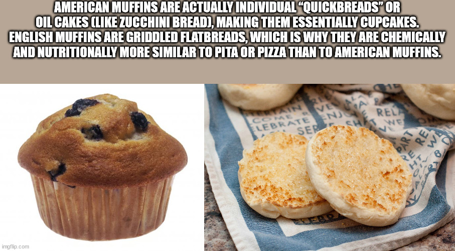muffin - American Muffins Are Actually Individual "Quickbreads" Or Oil Cakes Zucchini Bread, Making Them Essentially Cupcakes. English Muffins Are Griddled Flatbreads, Which Is Why They Are Chemically And Nutritionally More Similar To Pita Or Pizza Than T