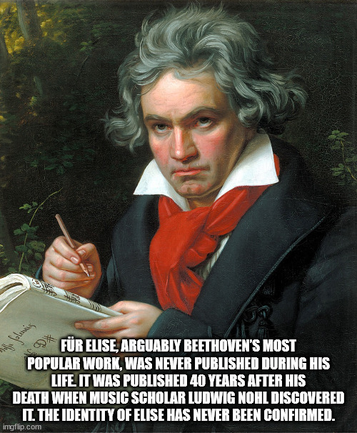 fun facts - ludwig van beethoven - Mohse folosing Fr Elise, Arguably Beethoven'S Most Popular Work, Was Never Published During His Life It Was Published 40 Years After His Death When Music Scholar Ludwig Nohl Discovered Il The Identity Of Elise Has Never 