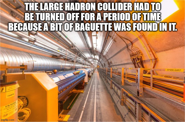 cool facts - fun facts - large hadron collider meme - The Large Hadron Collider Had To Be Turned Off For A Period Of Time Because A Bit Of Baguette Was Found In It. Bmw.Aert imgflip.com