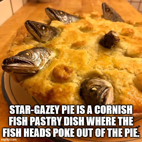 stargazy pie - StarGazey Pie Is A Cornish Fish Pastry Dish Where The Fish Heads Poke Out Of The Pie imgflip.com