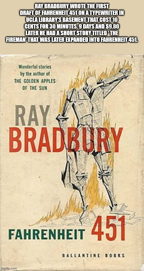 poster - Ray Bradbury Wrote The First Draft Of Fahrenheit 451 On A Typewriter In Ucla Library'S Basement That Cost 10 Cents For 30 Minutes. 9 Days And $9.80 Later He Had A Short Story Titled 'The Fireman That Was Later Expanded Into Fahrenheit 451. Wonder