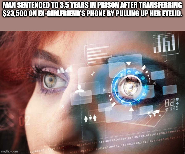 eyes iris recognition - Man Sentenced To 3.5 Years In Prison After Transferring $23,500 On ExGirlfriend'S Phone By Pulling Up Her Eyelid. 28 S216 rr Tototst Togotittet imgflip.com Totrbott Totett Tots