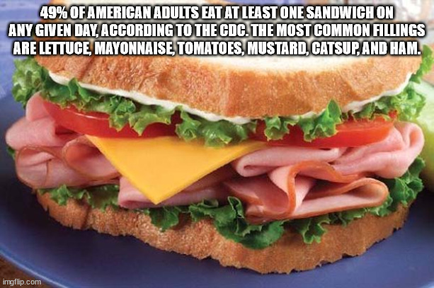 ham and cheese sandwich - 49% Of American Adults Eat At Least One Sandwich On Any Given Day, According To The Cdc. The Most Common Fillings Are Lettuce, Mayonnaise, Tomatoes, Mustard, Catsup, And Ham. imgflip.com