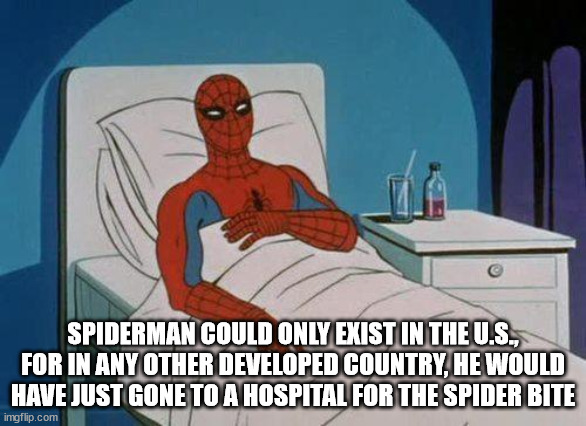 shower thoughts - Spiderman Could Only Exist In The U.S., For In Any Other Developed Country, He Would Have Just Gone To A Hospital For The Spider Bite imgflip.com