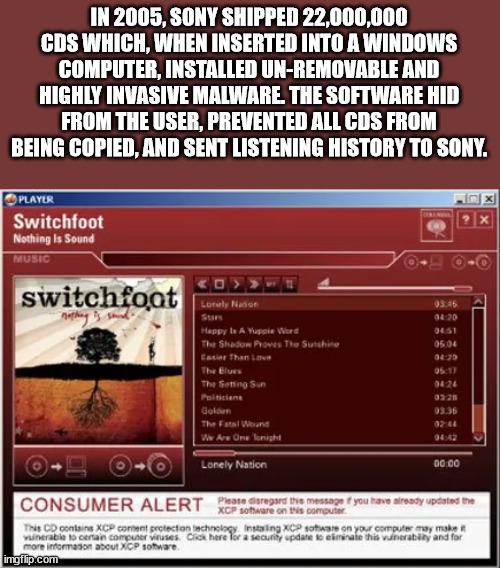 switchfoot nothing is sound - In 2005, Sony Shipped 22,000,000 Cds Which, When Inserted Into A Windows Computer, Installed UnRemovable And Highly Invasive Malware The Software Hid From The User, Prevented All Cds From Being Copied, And Sent Listening Hist