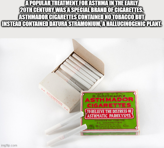 angle - A Popular Treatment For Asthma In The Early 20TH Century Was A Special Brand Of Cigarettes. Asthmador Cigarettes Contained No Tobacco But Instead Contained Datura Stramonium, A Hallucinogenic Plant. Made In Er R.Schiffmann's Asthmador Cigarettes T