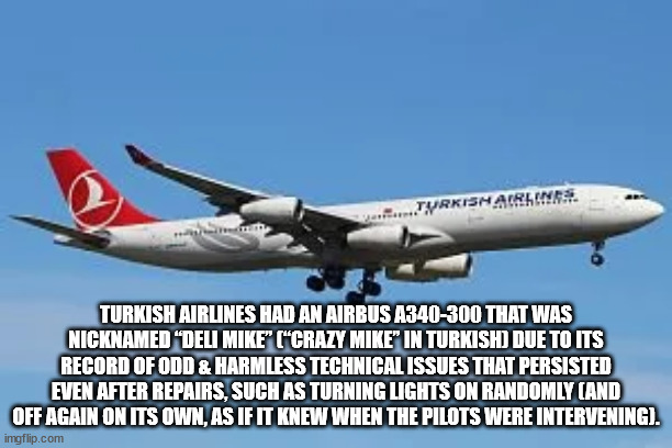 a340 - ver.... Turkish Airlines Turkish Airlines Had An Airbus A340300 That Was Nicknamed "Deli Mike" "Crazy Mike" In Turkish Due To Its Record Of Odd & Harmless Technical Issues That Persisted Even After Repairs, Such As Turning Lights On Randomly And Of