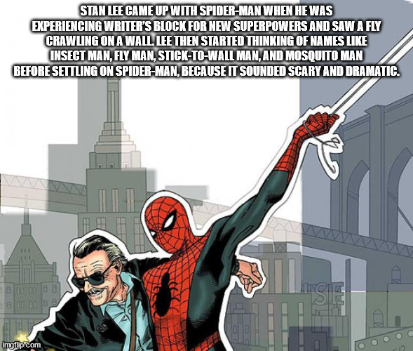 super hero facts - stan lee meets spider man comic - Stan Lee Came Up With SpiderMan When He Was Experiencing Writer'S Block For New Superpowers And Saw A Fly Crawling On A Wall. Lee Then Started Thinking Of Names Insect Man, Fly Man, StickToWall Man, And