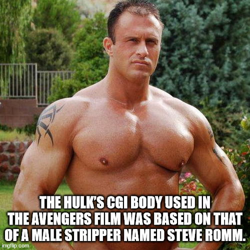 super hero facts - barechestedness - The Hulk'S Cgi Body Used In The Avengers Film Was Based On That Of A Male Stripper Named Steve Romm. imgflip.com