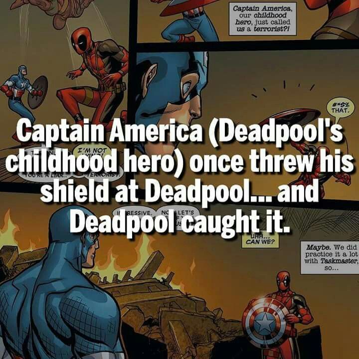 super hero facts - captain america and deadpool - Captain America, our childhood hero, just called us a terrorist? #5% That. Captain America Deadpool's childhood hero once threw his shield at Deadpool... and Deadpool caught it. ... Can We? M&ybe. We did p