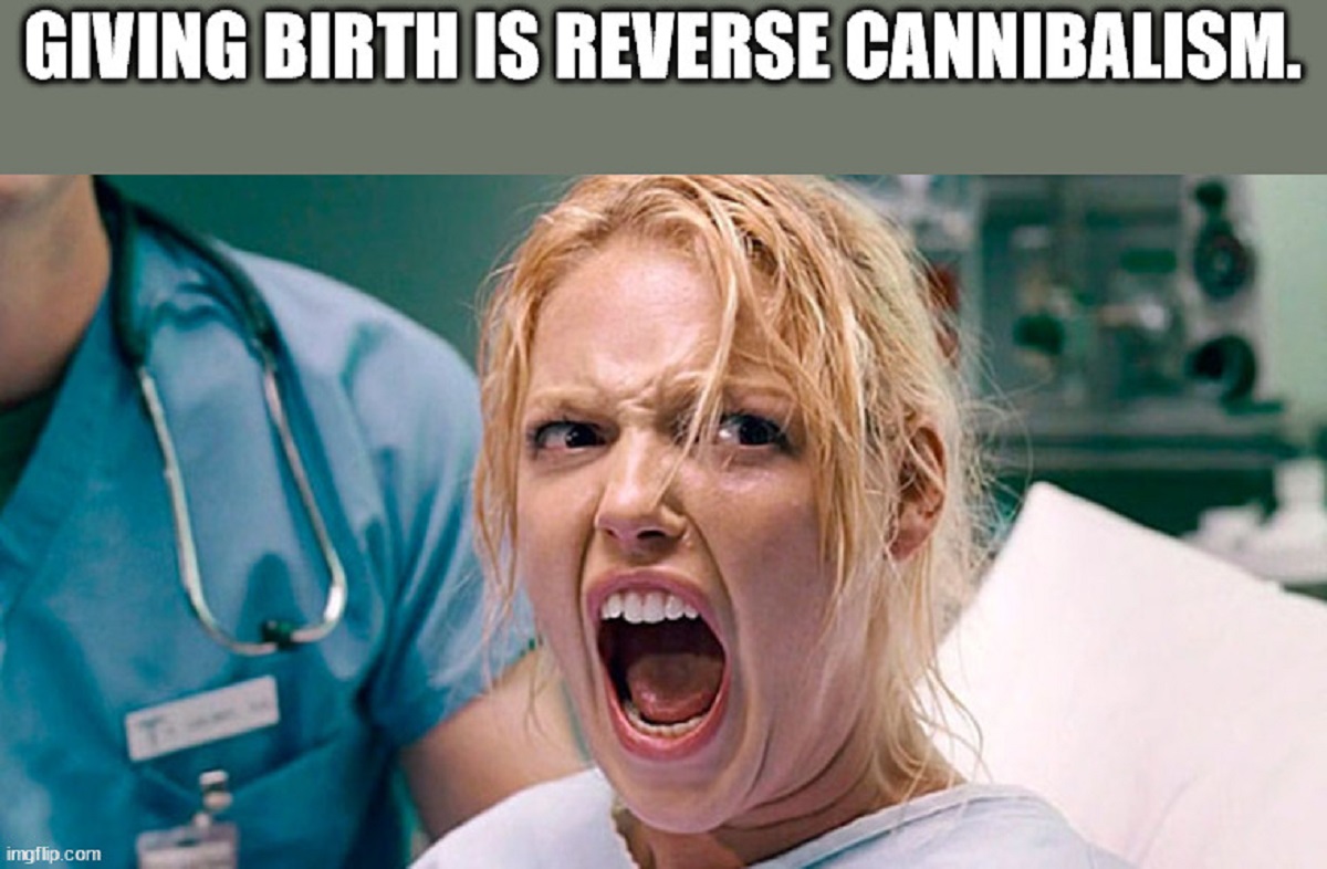 birth labour - Giving Birth Is Reverse Cannibalism. imgflip.com