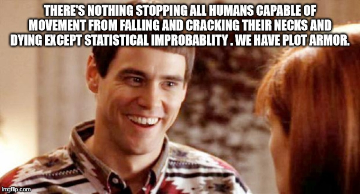 There'S Nothing Stopping All Humans Capable Of Movement From Falling And Cracking Their Necks And Dying Except Statistical Improbablity. We Have Plot Armor. imgflip.com