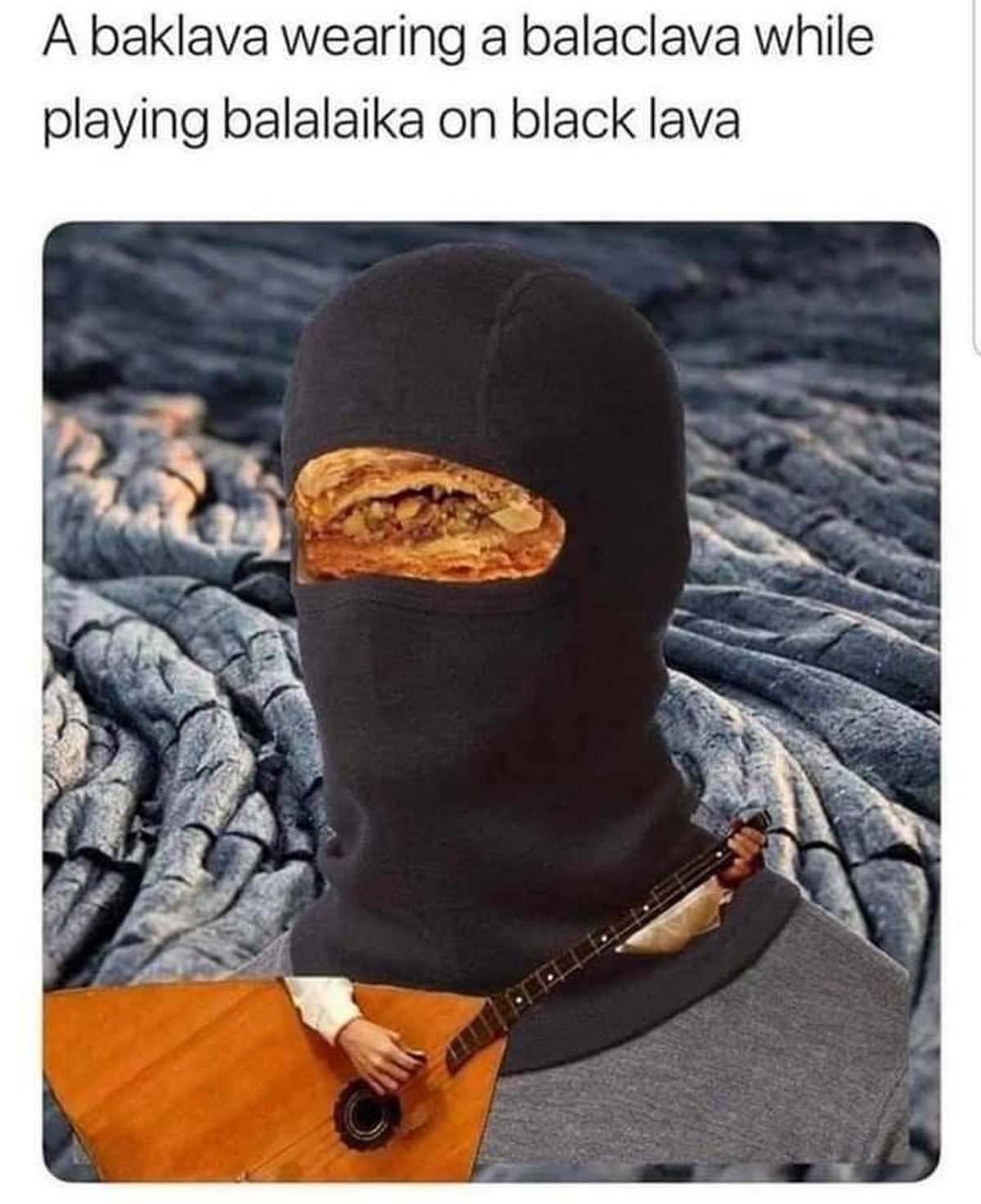 baklava wearing a balaclava - A baklava wearing a balaclava while playing balalaika on black lava