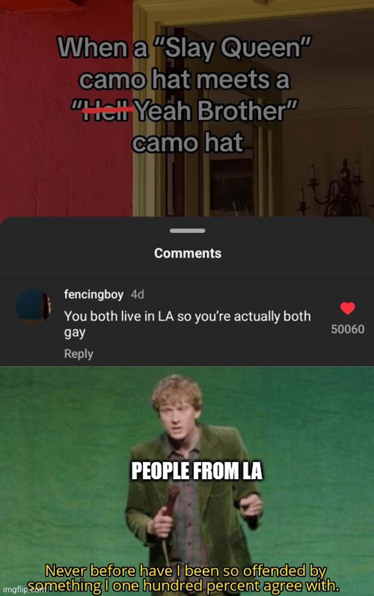 would you say something so meme - When a "Slay Queen" camo hat meets a "Hell Yeah Brother" camo hat fencingboy 4d You both live in La so you're actually both gay People From La 50060 Never before have I been so offended by imgflip Something I one hundred 