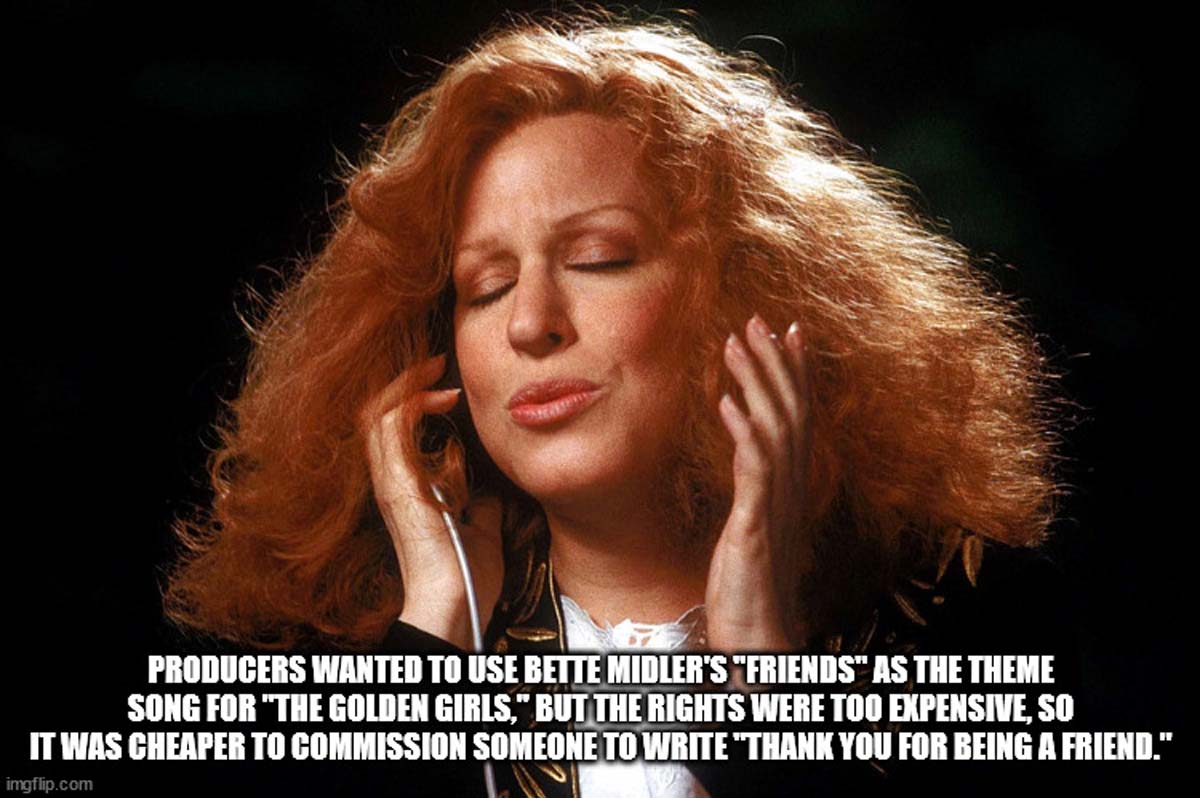 bette midler 80s - Producers Wanted To Use Bette Midler'S "Friends" As The Theme Song For "The Golden Girls," But The Rights Were Too Expensive, So It Was Cheaper To Commission Someone To Write "Thank You For Being A Friend." imgflip.com