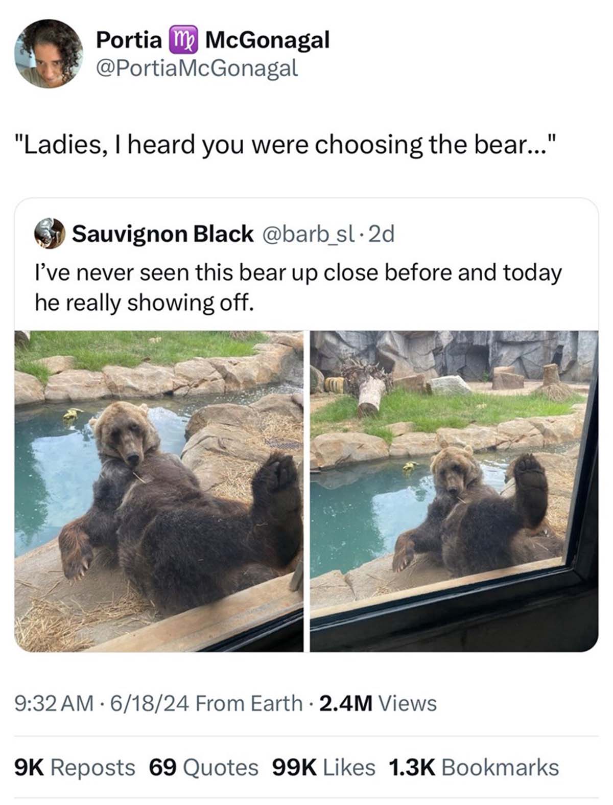 photo caption - Portia m McGonagal "Ladies, I heard you were choosing the bear..." Sauvignon Black .2d I've never seen this bear up close before and today he really showing off. 61824 From Earth 2.4M Views 9K Reposts 69 Quotes 99K Bookmarks