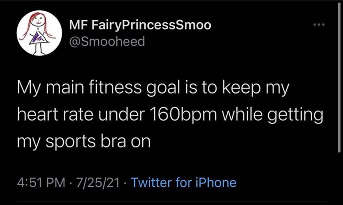 screenshot - Mf FairyPrincessSmoo 000 My main fitness goal is to keep my heart rate under 160bpm while getting my sports bra on 72521 Twitter for iPhone