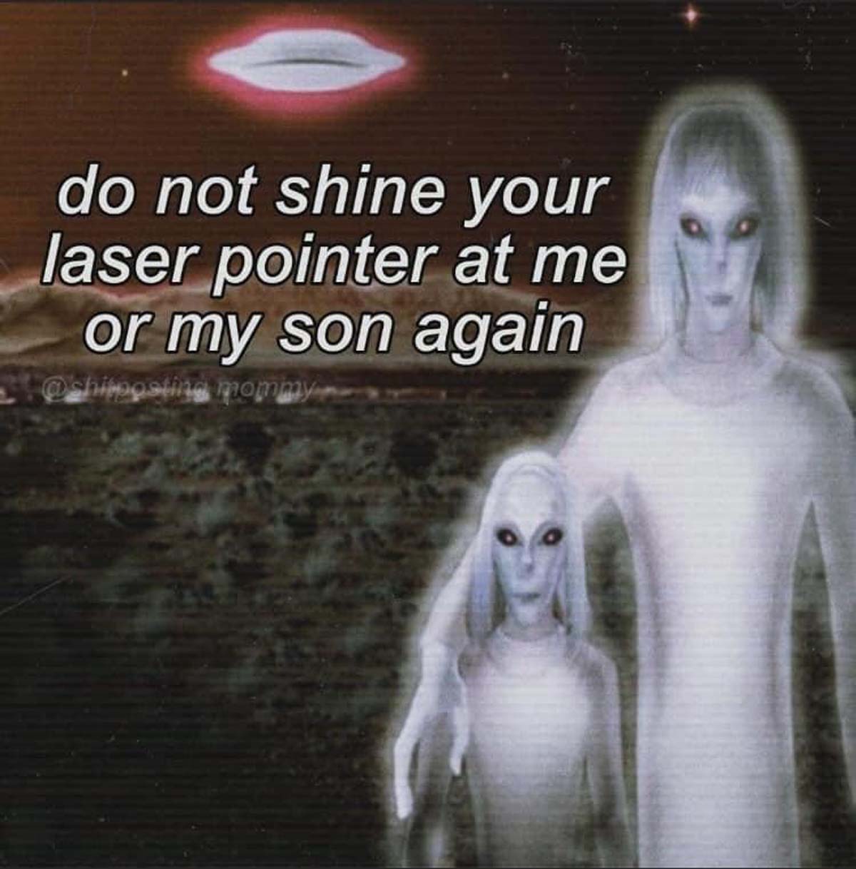 Internet meme - do not shine your laser pointer at me or my son again mommy