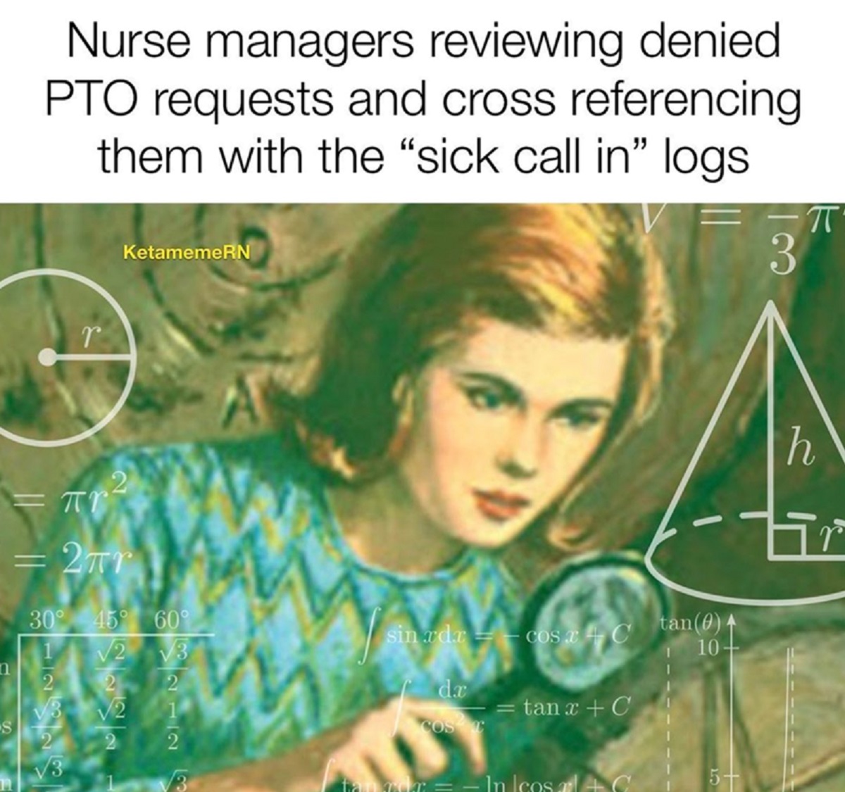 nancy drew artwork clue in the crossword cipher - Nurse managers reviewing denied Pto requests and cross referencing them with the sick call in logs KetamemeRN 3 T r n S 2 2 30 45 60 2 3 2 2 162728 h Fr sin rdx cos C tan04 10 dx tan x C In Icos C