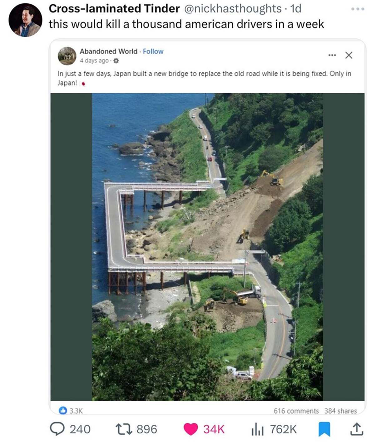 japan temporary bridge - Crosslaminated Tinder . 1d this would kill a thousand american drivers in a week Abandoned World. 4 days ago. In just a few days, Japan built a new bridge to replace the old road while it is being fixed. Only in Japan! Goo 616 384