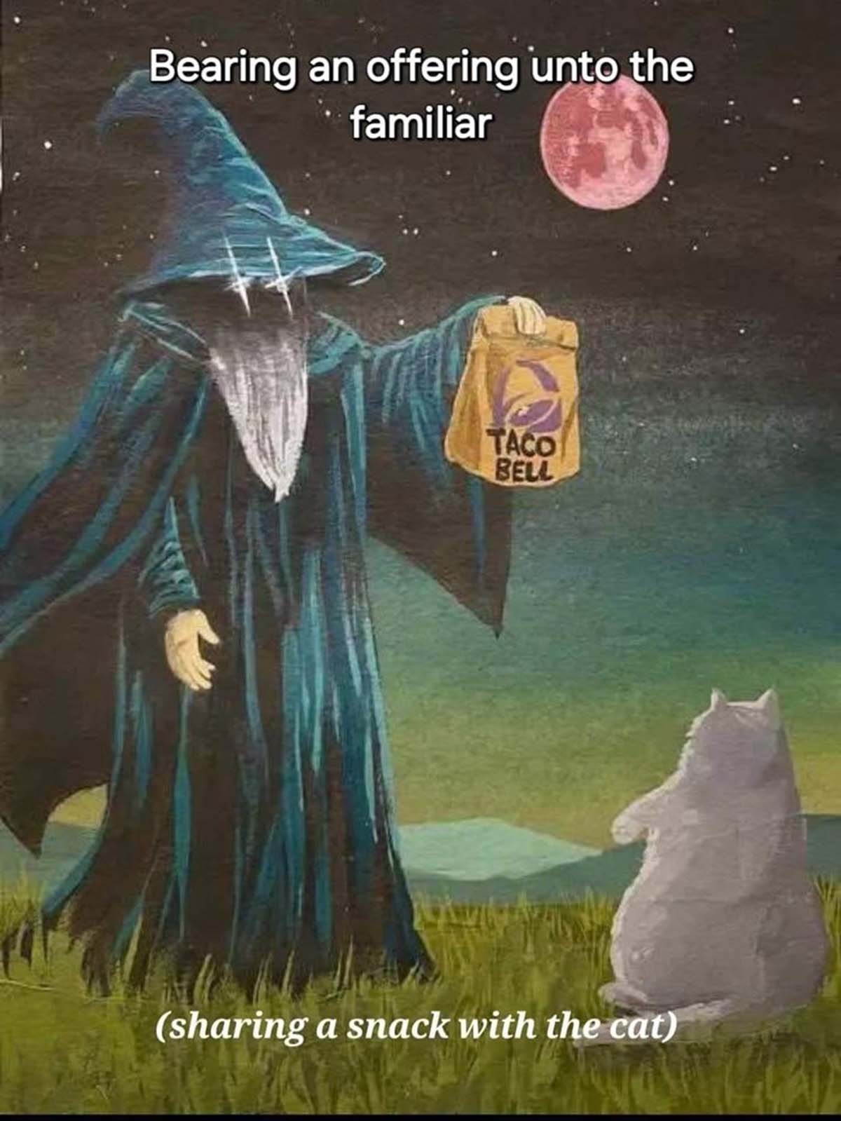 Illustration - Bearing an offering unto the familiar Taco Bell sharing a snack with the cat