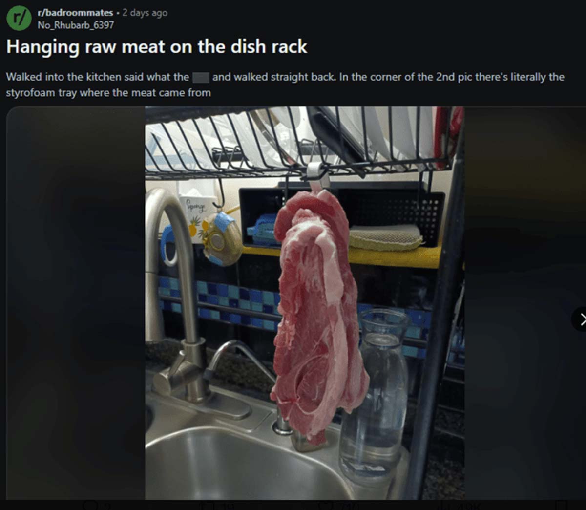 screenshot - r rbadroommates. 2 days ago No_Rhubarb_6397 Hanging raw meat on the dish rack Walked into the kitchen said what the styrofoam tray where the meat came from and walked straight back. In the corner of the 2nd pic there's literally the Sponge Ha