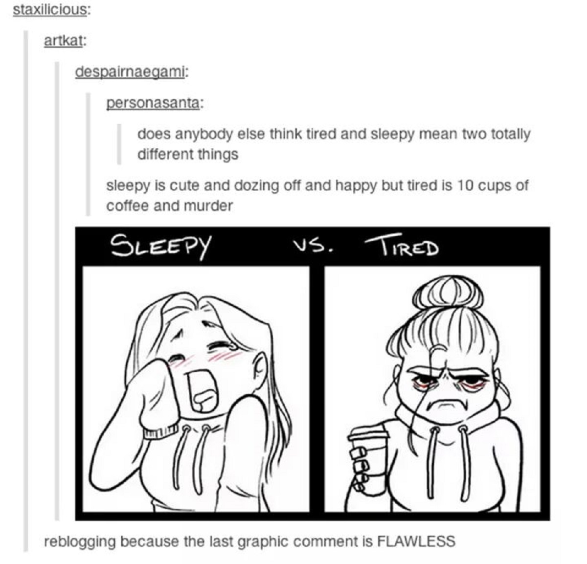 screenshots funny - staxilicious artkat despairnaegami personasanta does anybody else think tired and sleepy mean two totally different things sleepy is cute and dozing off and happy but tired is 10 cups of coffee and murder Sleepy Vs. Tired reblogging be