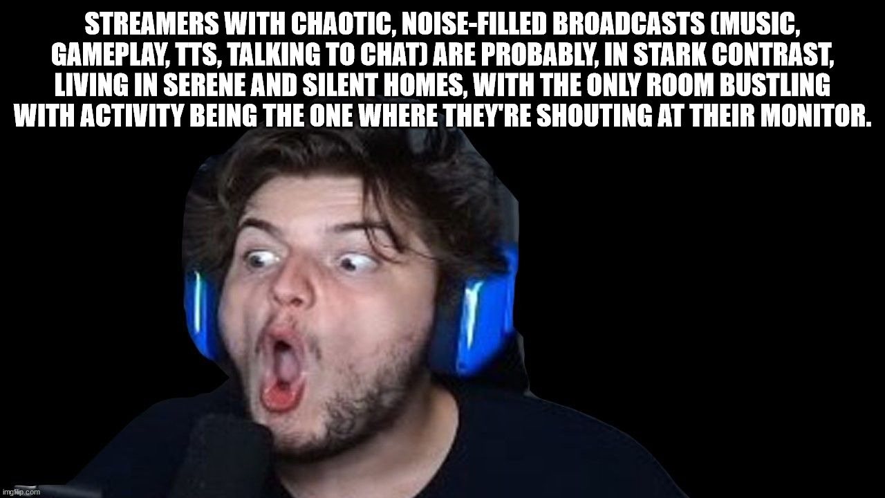 shower thoughts - photo caption - Streamers With Chaotic, NoiseFilled Broadcasts Music, Gameplay, Tts, Talking To Chat Are Probably, In Stark Contrast. Living In Serene And Silent Homes, With The Only Room Bustling With Activity Being The One Where They'R