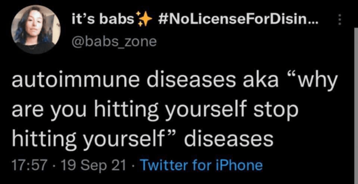 screenshot - it's babs ForDisin... autoimmune diseases aka "why are you hitting yourself stop hitting yourself" diseases 19 Sep 21 Twitter for iPhone