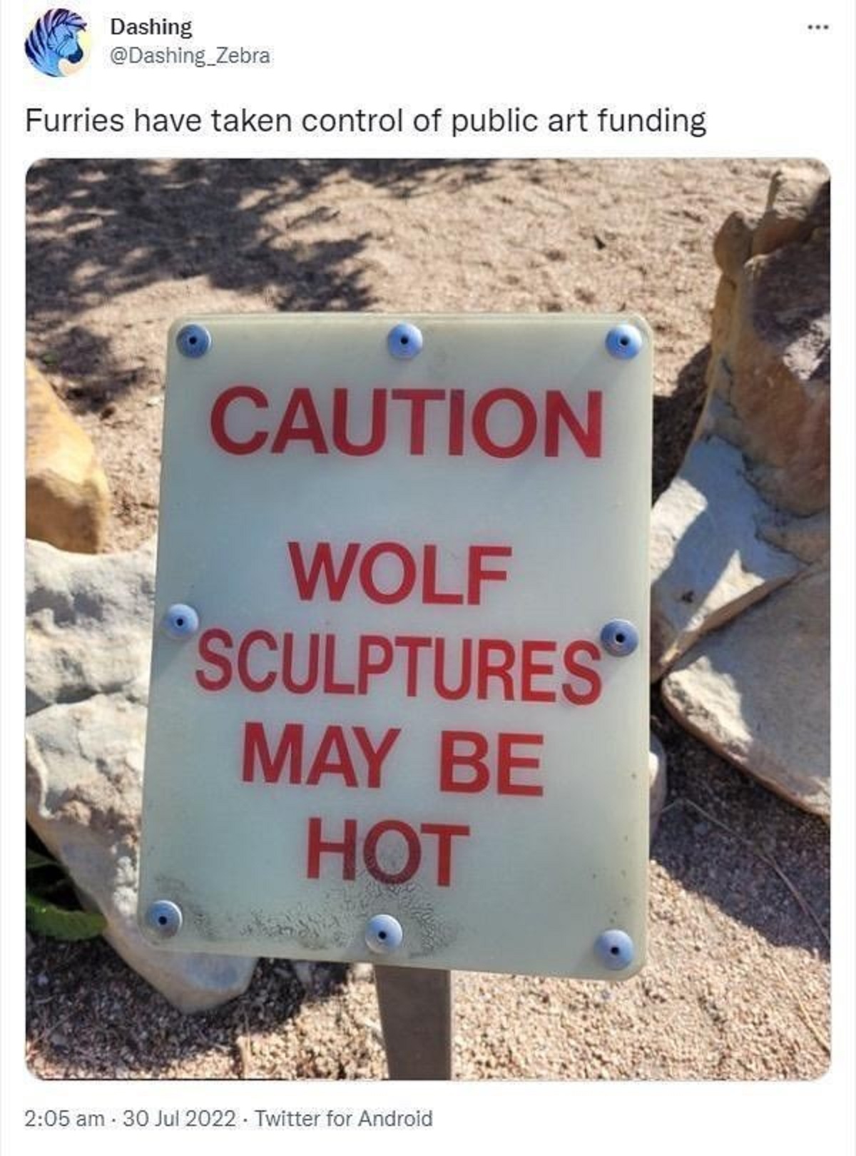 sign - Dashing Furries have taken control of public art funding Caution Wolf Sculptures May Be Hot Twitter for Android .