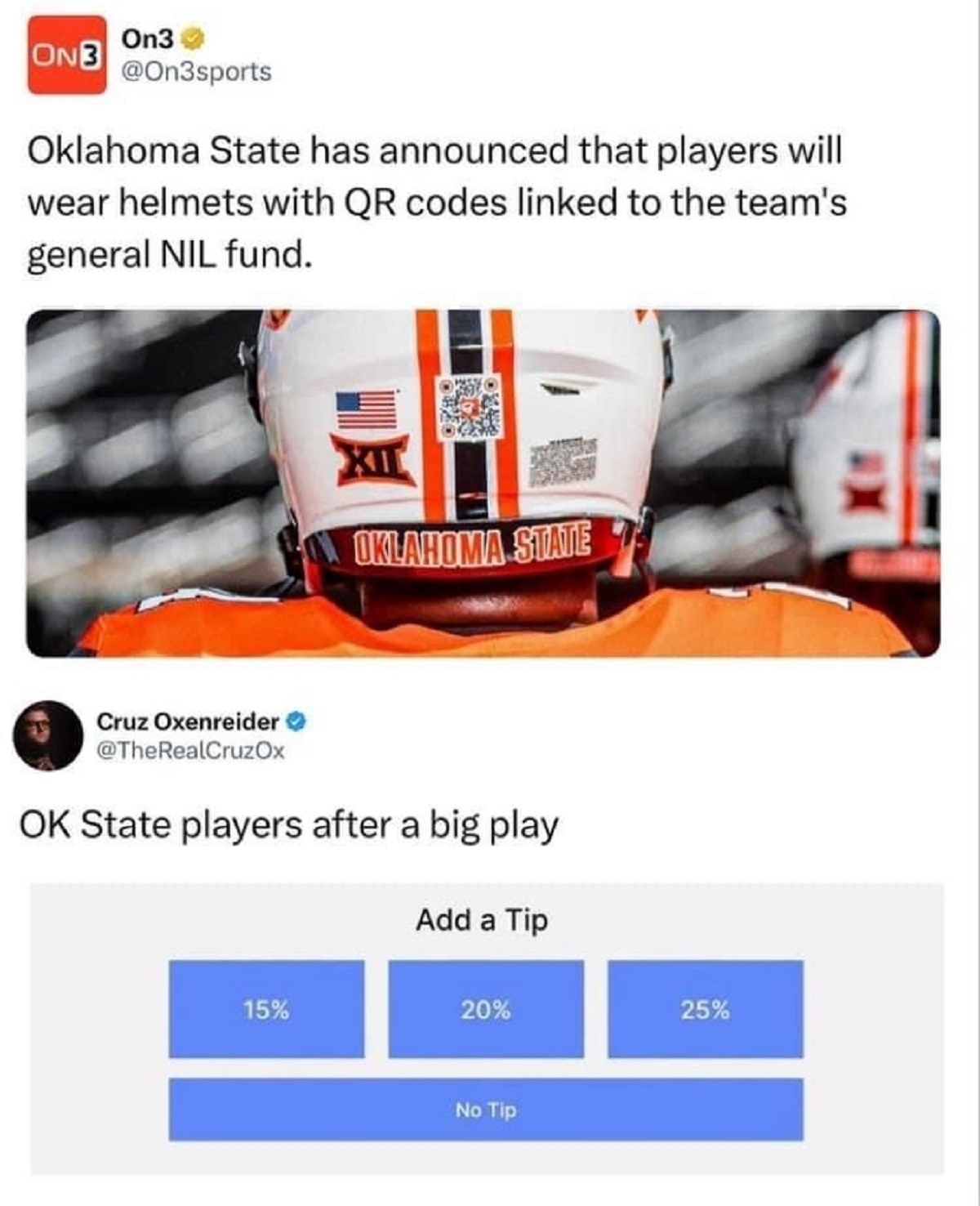 Oklahoma State Cowboys football - On 3 On3 Oklahoma State has announced that players will wear helmets with Qr codes linked to the team's general Nil fund. Oklahoma State Cruz Oxenreider Ok State players after a big play Add a Tip 15% 20% 25% No Tip