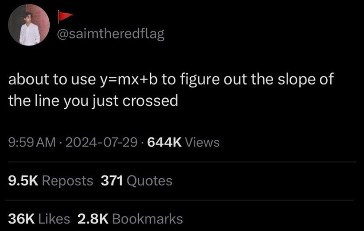 screenshot - about to use ymxb to figure out the slope of the line you just crossed Views Reposts 371 Quotes 36K Bookmarks