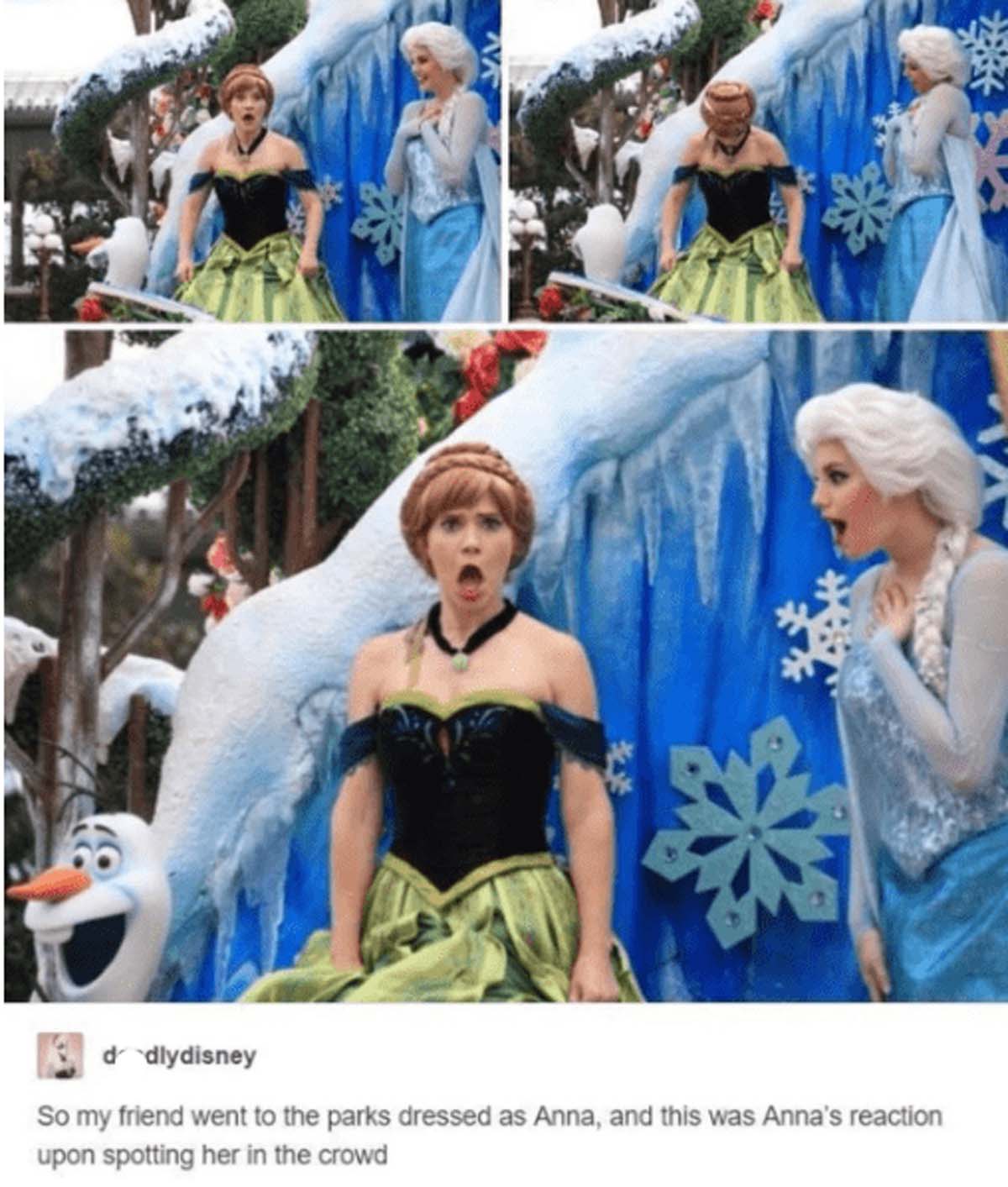 disney world anna meme - ddlydisney So my friend went to the parks dressed as Anna, and this was Anna's reaction upon spotting her in the crowd