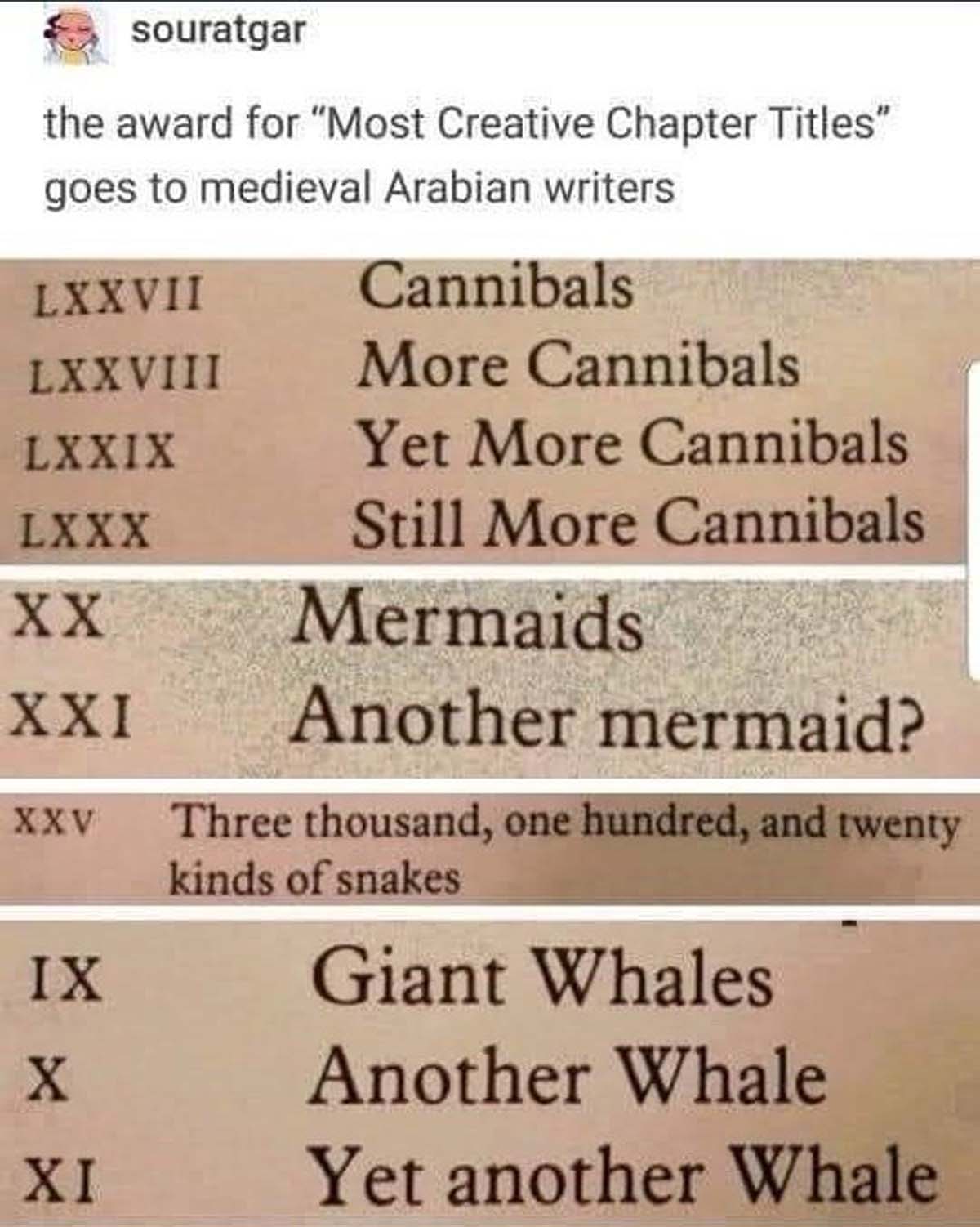 screenshot - Lxxvii Lxxviii Lxxix souratgar the award for "Most Creative Chapter Titles" goes to medieval Arabian writers Cannibals More Cannibals Yet More Cannibals Lxxx Xx Still More Cannibals Mermaids Xxi Xxv Ix X Xi Another mermaid? Three thousand, on