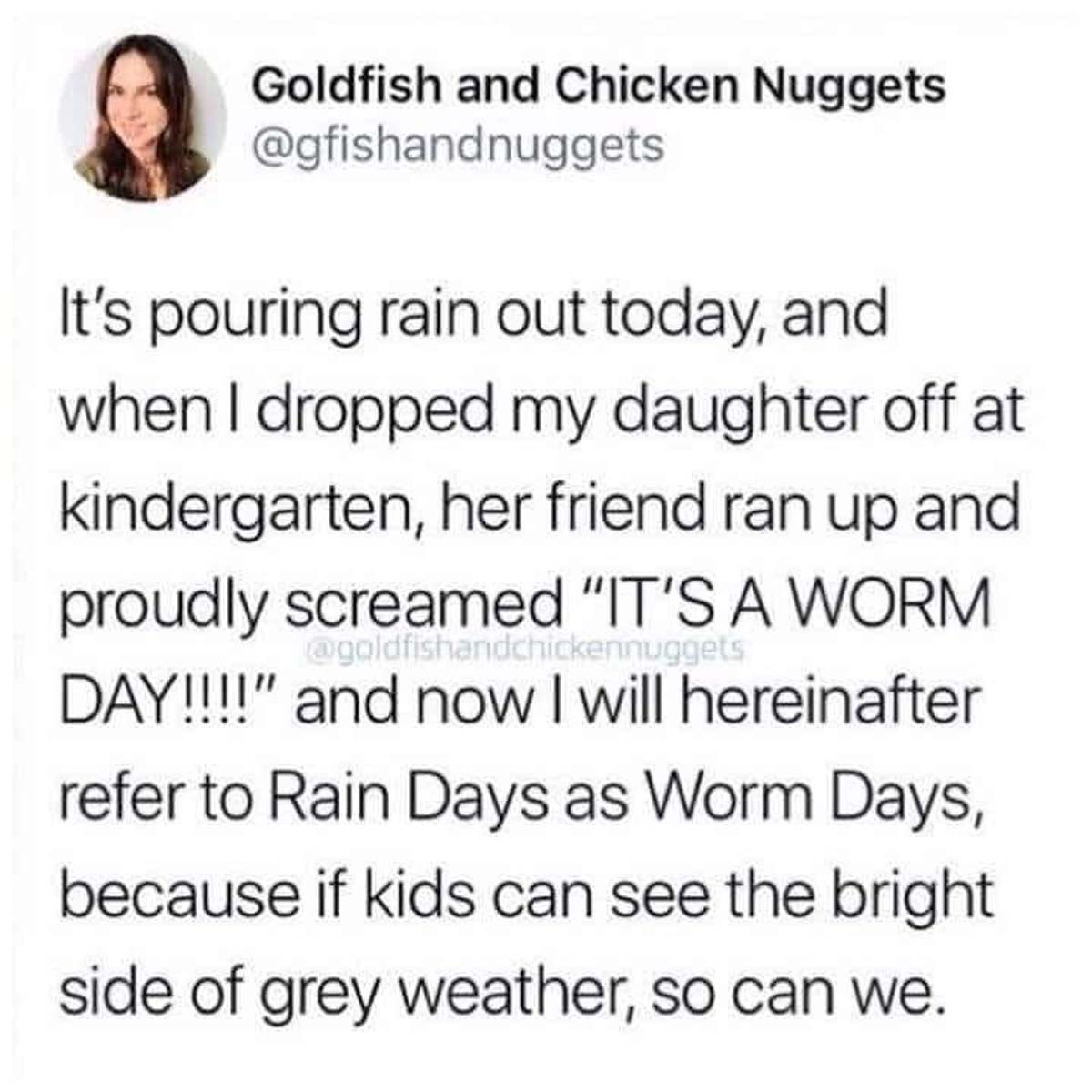 screenshot - Goldfish and Chicken Nuggets It's pouring rain out today, and when I dropped my daughter off at kindergarten, her friend ran up and proudly screamed "It'S A Worm Day!!!!" and now I will hereinafter refer to Rain Days as Worm Days, because if 