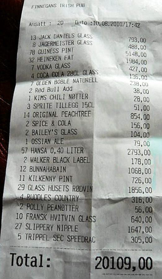 receipt from an Iron Maiden outing in Norway