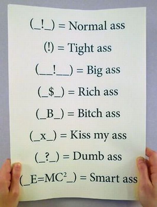 types of ass - _! Normal ass ! Tight ass _!_ Big ass _$_ Rich ass _B_ Bitch ass _x_ Kiss my ass ? Dumb ass EMC2_ Smart ass