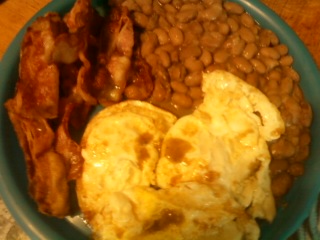 Bacon, Fried eggs, and homemade beans motherfucker.