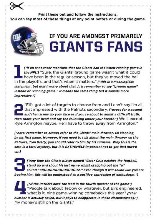 film treatment - Print these out and the instructions. You can say most of these things at any point before or during the game. If You Are Amongst Primarily 49 Giants Fans "if an announcer mentions that the Giants had the worst running game in the Nfl" "S