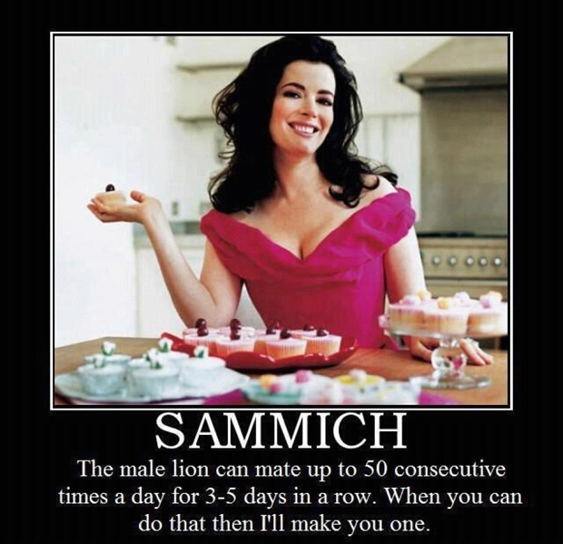 nigella lawson domestic goddess - Sammich The male lion can mate up to 50 consecutive times a day for 35 days in a row. When you can do that then I'll make you one.