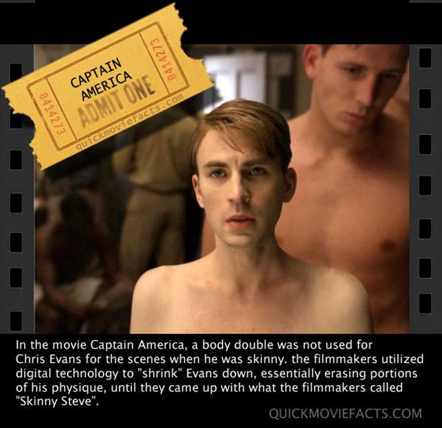 funny movie facts - 8414273 8414273 Captain America One quickmoviefacts.com In the movie Captain America, a body double was not used for Chris Evans for the scenes when he was skinny, the filmmakers utilized digital technology to "shrink" Evans down, esse