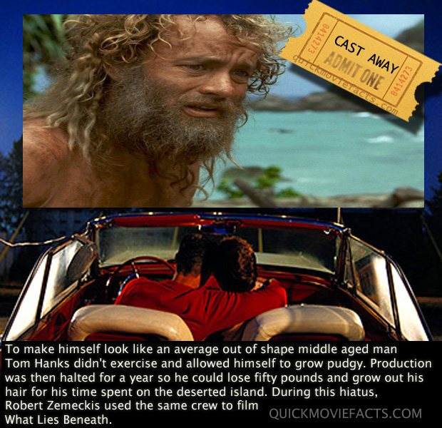 quick movie fact - 8414273 Cast Away Admit One Utcrmitov Teras.com To make himself look an average out of shape middle aged man Tom Hanks didn't exercise and allowed himself to grow pudgy. Production was then halted for a year so he could lose fifty pound