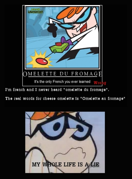 can t be unseen - Omelette Du Fromage It's the only French you ever learned Wrong I'm french and I never heard "omelette du fromage". The real words for cheese omelette is "Omelette au fromage" My Whole Life Is A Lie
