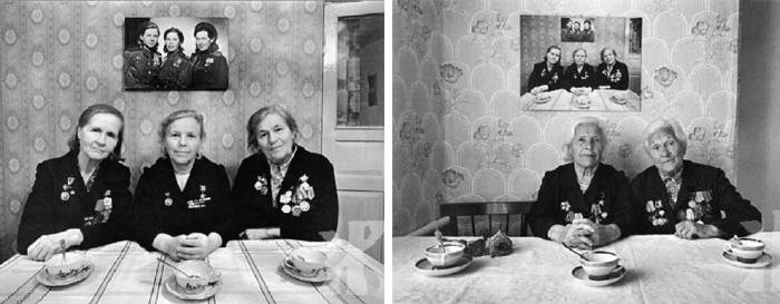 Three sisters pose for photographs taken years apart