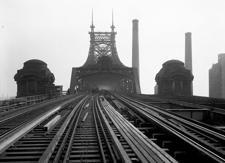 The Queensboro Bridge, showing reconstruction of tracks looking east, on November 22, 1929.